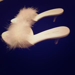 White Victoria’s Secret Satin Kitten Heels.